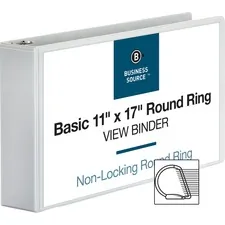 Business Source BSN 45102 — Business Source Tabloid-size Round Ring Reference Binder - 3 Binder Capacity - Tabloid - 11 x 17 Sheet Size - Round Ring Fastener(s) - White - Durable, Clear Overlay - 1 Each