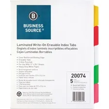 Business Source BSN 20074 — Business Source Laminated Write-On Tab Indexes - 5 Write-on Tab(s) - 5 Tab(s)/Set - 11 Tab Height x 8.50 Tab Width - 3 Hole Punched - Self-adhesive, Removable - Multicolor Mylar Tab(s) - 5 / Set