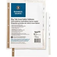 Business Source BSN 16477 — Business Source Tear-resistant Clear Tab Index Dividers - 5 x Divider(s) - 5 Tab(s)/Set - 8.5 Divider Width x 11 Divider Length - Letter - White Divider - Clear Tab(s) - 5 / Set