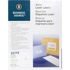 Business Source BSN 26119 — Business Source Bright White Premium-quality Full-sheet Address Labels - 8 1/2 x 11 Length - Permanent Adhesive - Rectangle - Laser, Inkjet - White - 1 / Sheet - 100 Total Sheets - 100 / Pack