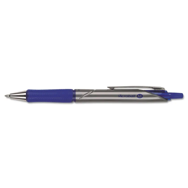 Pilot 31911 — Pilot Acroball Pro Hybrid Ink Ballpoint Pen - Medium Pen Point - 1 mm Pen Point Size - Refillable - Retractable - Blue Advanced Ink Ink - Silver Barrel - Tungsten Carbide Tip - 12 / Dozen