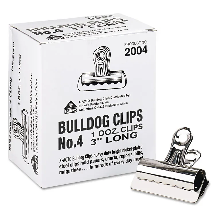 ELMER'S PRODUCTS, INC. EPI 2004LMR — Elmer's Grip Bulldog Clips - No. 4 - 3 Width - 1 Size Capacity - for Home, Office - Strong, Durable, Lightweight, Heavy Duty - 12 / Box - Silver - Metal, Nickel Plated Steel