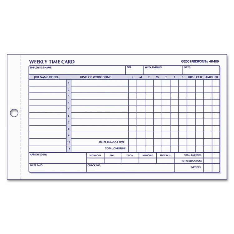REDIFORM OFFICE PRODUCTS 4K409 — Weekly Time Cards for Employees, 4.25" x 7", 100/PAD