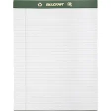 National Industries For the Blind 7530015169627 — SKILCRAFT Perforated Chlorine Free Writing Pad - 50 Sheets - Tape Bound - 0.31 Ruled - 20 lb Basis Weight - 8 1/2 x 11 - White Paper - Green Binder - Perforated, Back Board, Chlorine-free, Leatherette Head Strip - Recycled - 12 / Dozen