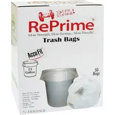 Heritage Bag Company HER H5645TCRC1 — Heritage Accufit RePrime Trash Bags - 23 gal - 28 Width x 45 Length x 0.90 mil (23 Micron) Thickness - Low Density - Clear - Linear Low-Density Polyethylene (LLDPE) - 50/Box - Garbage