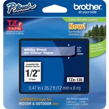 Brother TZE135 — Brother P-touch TZe Label Tape - - DiameterTape - Clear - Water Resistant - Laminated - Durable, Perforated, Temperature Resistant, Easy Peel, Fade Resistant, Abrasion Resistant, Chemical Resistant - 26.25 ft Roll Length - 1 Pack