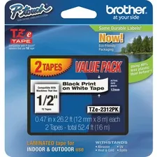 Brother TZE-2312PK — Brother 1/2 Black/White TZe Laminated Tape Value Pack - 1/2 - Black, White - 2 / Pack