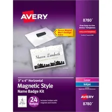 Avery Dennison HEWRM1-8780-000 — Avery® Secure Magnetic Name Badges with Durable Plastic Holders and Heavy-duty Magnets - 4" Width - Rectangular Shape - Pocket - Micro Perforated, Insertable, Magnetic, Durable, Reusable, Easy to Use, Laminated, Printable, Heavy Duty - Polyvinyl Chloride (PVC) - White - 24 / Pack