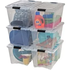 IRIS IRS 100245 — IRIS Stackable Clear Storage Boxes - Internal Dimensions: 16.10 Length x 11.60 Width x 12.20 Height - External Dimensions: 22 Length x 16.5 Width x 13 Height - 13.25 gal - Latch Lock, Buckle Closure - Stackable - Clear, Black - For Shoes, Blanket, Equipment, Decoration Equipment - 6 / Carton
