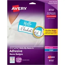Avery Dennison AVE 08722 — Avery® Self-Adhesive Name Tags - Hello My Name Is - 11 Height x 8 1/2 Width - Removable Adhesive - Rectangle - Laser, Inkjet - Assorted, White - Film - 8 / Sheet - 15 Total Sheets - 120 Total Label(s) - 5