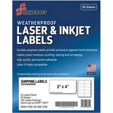 National Industries For the Blind 7530016736220 — SKILCRAFT Laser/Inkjet Weatherproof Mailing Labels - 2 Width x 4 Length - Permanent Adhesive - Rectangle - Laser, Inkjet - White - Polyester, Paper - 10 / Sheet - 500 / Pack
