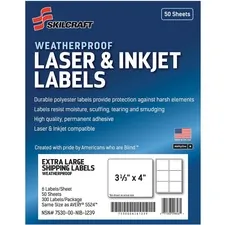 National Industries For the Blind 7530016736217 — SKILCRAFT Laser/Inkjet Weatherproof Mailing Labels - 3 21/64 Width x 4 Length - Permanent Adhesive - Rectangle - Laser, Inkjet - White - Polyester - 6 / Sheet - 300 / Pack