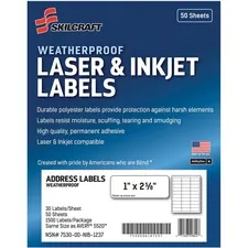 National Industries For the Blind 7530016736516 — SKILCRAFT Laser/Inkjet Weatherproof Mailing Labels - 1 Width x 2 5/8 Length - Permanent Adhesive - Rectangle - Laser, Inkjet - White - Polyester, Paper - 30 / Sheet - 1500 / Pack
