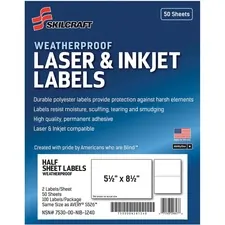 National Industries For the Blind 7530016736219 — SKILCRAFT Laser/Inkjet Weatherproof Mailing Labels - 5 1/2 Width x 8 1/2 Length - Permanent Adhesive - Rectangle - Laser, Inkjet - White - Polyester, Paper - 2 / Sheet - 100 / Pack