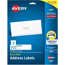 Avery Dennison 08161 — Avery® Easy Peel White Inkjet Mailing Labels - Permanent Adhesive - Rectangle - Inkjet - White - Paper - 20 / Sheet - 25 Total Sheets - 500 Total Label(s) - 500 / Pack