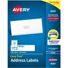 Avery Dennison 08461 — Avery® Easy Peel White Inkjet Mailing Labels - Permanent Adhesive - Rectangle - Inkjet - White - Paper - 20 / Sheet - 100 Total Sheets - 2000 Total Label(s) - 5