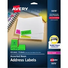 Avery Dennison 05979 — Avery® Shipping Labels - Permanent Adhesive - Rectangle - Laser - Neon Magenta, Neon Green, Neon Yellow - Paper - 30 / Sheet - 15 Total Sheets - 450 Total Label(s) - 450 / Pack