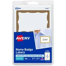 Avery Dennison 05146 — Avery® Border Print or Write Name Tags - Removable Adhesive - Rectangle - Laser, Inkjet - White, Gold - Paper - 2 / Sheet - 50 Total Sheets - 100 Total Label(s) - 3