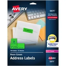 Avery Dennison 05971 — Avery® Shipping Labels - Permanent Adhesive - Rectangle - Laser - Neon Green - Paper - 30 / Sheet - 25 Total Sheets - 750 Total Label(s) - 750 / Pack