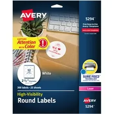 Avery Dennison 05294 — Avery® Round High Visibility Labels - Permanent Adhesive - Round - Laser - White - Paper - 12 / Sheet - 25 Total Sheets - 300 Total Label(s) - 300 / Pack