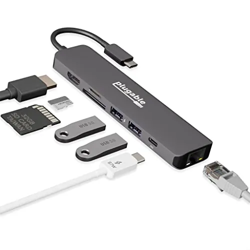 Plugable Technologies USBC-7IN1E — 7-IN-1 USB C HUB MULTIPORT ADAPTER WITH ETHERNET (92W CHARGING, GIGABIT ETHERNET