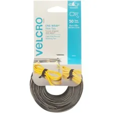 VELCRO USA VEK 90924 — VELCRO® Brand ONE-WRAP® Thin Ties, 8in x 1/2in, Gray & Black, 50ct - Adjustable and reusable pre-cut ties. Wraps onto itself for a secure hold.
