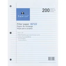 Sparco SPR 82122 — Sparco Standard White 3HP Filler Paper - 200 Sheets - Wide Ruled - Ruled Red Margin - 16 lb Basis Weight - 8 x 10 1/2 - White Paper - Bleed-free - 200 / Pack