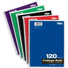 TOPS BUSINESS FORMS TOP 65361 — TOPS 3 - subject College Ruled Notebook - Letter - 120 Sheets - Wire Bound - 8 1/2 x 11 - 0.25 x 8.511 - Assorted Paper - Black, Red, Blue, Green, Purple Cover - Divider, Perforated - 1 Each