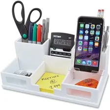Victor Tech VCT W9525 — Victor W9525 Pure White Desk Organizer with Smart Phone Holder™ - 6 Compartment(s) - 4.0 Height x 5.5 Width x 10.4 Depth - White - Wood, Frosted Glass, Rubber - 1Each