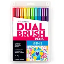 Tombow TOM 56185 — Tombow Dual Brush Art Pen 10-piece Set - Bright Colors - Hot Pink, Orange, Chartreuse, Willow Green, Purple, Rubine Red, Process Yellow, Reflex Blue, Imperial Purple Water Based Ink - Nylon Tip - 1 / Pack