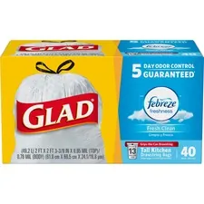 CLOROX CLO 78361CT — Glad ForceFlex Tall Kitchen Drawstring Trash Bags - Fresh Clean - 13 gal - 24 Width x 27.38 Length - White - 240/Carton - 40 Per Box - Kitchen, Home, Office, Garbage