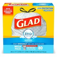 CLOROX CLO 78899CT — Glad ForceFlex Tall Kitchen Drawstring Trash Bags - 13 gal - 0.78 mil (20 Micron) Thickness - White - 240/Carton - 80 Per Box - Kitchen, Home, Office, Garbage, Breakroom, Cafeteria, School, Restaurant, Commercial