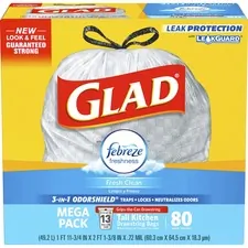 CLOROX CLO 78899 — Glad ForceFlex Tall Kitchen Drawstring Trash Bags - Fresh Clean - 13 gal - 0.78 mil (20 Micron) Thickness - White - 80/Box - 80 Per Box - Kitchen, Garbage
