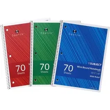 Sparco SPR 00331 — Sparco Wide Ruled Wire-bound Notebook - Wire Bound - 3 Hole(s) - 0.25 x 810.5 - Stiff-cover, Stiff-back, Perforated - 3 / Pack