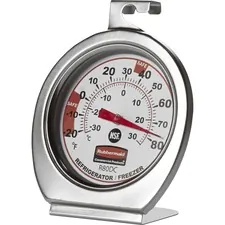 Rubbermaid RCP PELR80DC — Rubbermaid Commercial Refrigerator/Freezer Thermometer - Large Display, Shatter Proof Lens - For Refrigerator/Freezer - Chrome