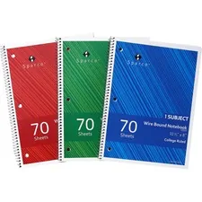 Sparco SPR 00332 — Sparco College Ruled Wire-bound Notebook - Wire Bound - 3 Hole(s) - 0.25 x 810.5 - Stiff-cover, Stiff-back, Perforated - 3 / Pack