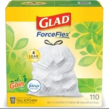 CLOROX CLO 79114 — Glad ForceFlex Tall Kitchen Drawstring Trash Bags - 13 gal - 25.38 ft Width x 33.75 ft Length x 0.72 mil (18 Micron) Thickness - White - 110/Box - Home, Office, Kitchen, Breakroom