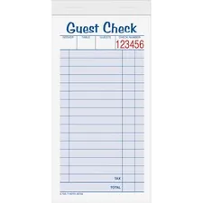 TOPS BUSINESS FORMS TOP 45702 — TOPS 2-part Carbonless Guest Check Books - 2 Part - 3.37 x 5.50 Sheet Size - Blue, Green, Red Print Color - 10 / Pack