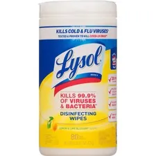 RECKITT BENCKISER RAC 77182CT — Lysol Disinfecting Wipes - Lemon, Lime Blossom - 8 x 7 - White - Bleach-free, Anti-bacterial, Disinfectant, Pre-moistened - For Multipurpose - 80 Per Canister - 6 / Carton