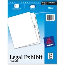 Avery Dennison AVE 11372 — Avery® Premium Collated Legal Exhibit Dividers with Table of Contents Tab - Avery Style - 26 x Divider(s) - Printed Tab(s) - Digit - 26-50 - 26 Tab(s)/Set - 8.5 Divider Width x 11 Divider Length - Letter - White Paper Divider - White Tab(s) - 25 / Set