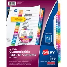 Avery Dennison AVE 11125 — Avery® Ready Index A-Z Table of Contents Dividers - 26 x Divider(s) - Table of Contents, A-Z - 26 Tab(s)/Set - 8.5 Divider Width x 11 Divider Length - 3 Hole Punched - White Paper Divider - Multicolor Paper Tab(s) - 26 / Set