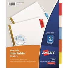 Avery Dennison AVE 11121 — Avery® Worksaver Big Insertable Tab Index Dividers - 5 x Divider(s) - 5 - 5 Tab(s)/Set - 8.5 Divider Width x 11 Divider Length - 3 Hole Punched - White Paper Divider - Multicolor Paper, Plastic Tab(s) - 1