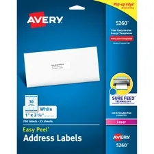 Avery Dennison 05260 — Avery® Easy Peel Address Labels - 1" Width x 2 5/8" Length - Permanent Adhesive - Rectangle - Laser - Matte - White - Paper - 30 / Sheet - 25 Total Sheets - 750 Total Label(s) - Permanent Adhesive, Customizable, Jam Resistant, Smudge-free, Easy Peel, Stick & Stay, Smudge Resistant - 750 / Pack