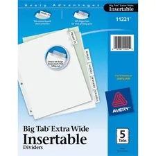 Avery Dennison AVE 11221 — Avery® Big Tab Extra-Wide Insertable Dividers - 5 Blank Tab(s) - 5 Tab(s)/Set - 9 Divider Width x 11 Divider Length - 3 Hole Punched - Paper Divider - Clear Tab(s) - 5 / Set