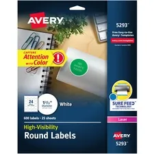 Avery Dennison 05293 — Avery® Round High Visibility Labels - Permanent Adhesive - Round - Laser - White - Paper - 24 / Sheet - 25 Total Sheets - 600 Total Label(s) - 600 / Pack