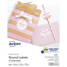 Avery Dennison AVE 22877 — Avery® Easy Peel Labels -Sure Feed - Print-to-the-Edge - Permanent Adhesive - Round - Laser, Inkjet - White - Paper - 12 / Sheet - 25 Total Sheets - 300 Total Label(s) - 5