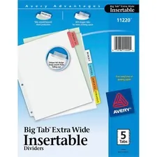 Avery Dennison AVE 11220 — Avery® Big Tab Extra-Wide Insertable Dividers - 5 Blank Tab(s) - 5 Tab(s)/Set - 9 Divider Width x 11 Divider Length - 3 Hole Punched - White Paper Divider - Multicolor Tab(s) - 5 / Set