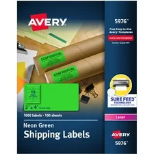 Avery Dennison 05976 — Avery® High Visibility Neon Shipping Labels - Permanent Adhesive - Rectangle - Laser - Neon Green - Paper - 10 / Sheet - 100 Total Sheets - 1000 Total Label(s) - 5
