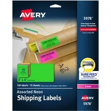 Avery Dennison 05978 — Avery® Shipping Labels - Permanent Adhesive - Rectangle - Laser - Neon Magenta, Neon Green, Neon Yellow - Paper - 10 / Sheet - 15 Total Sheets - 150 Total Label(s) - 5