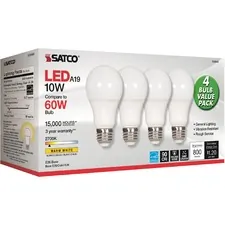Satco Products Inc SDN S28560 — Satco 10W A19 LED 2700K Frosted Bulbs - 10 W - 60 W Incandescent Equivalent Wattage - 120 V AC - 800 lm - A19 Size - Warm White Light Color - E26 Base - 15000 Hour - 4400.3°F (2426.8°C) Color Temperature - 93 CRI - 220° Beam Angle - 4 / Pack